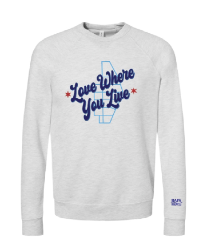 Product Description: Our exclusive, limited-edition collaboration with Lemolade! Show your love for the community with this crewneck - wearing the Beverly/Morgan Park moto "Love Where You Live". It is unisex and extremely soft.</br></br>The front says "Love Where You Live" with the civic association map outline in the background accompanied with stars. The back is blank. On the left sleeve, is the Beverly Area Planning Association logo.</br></br>Product Details:</br></br>Brand: Bella & Canvas</br></br>Style: crewneck</br></br>Fabric: 52% cotton, 48% polyester</br></br>Color: heathered gray, Text Color: navy blue</br> Lemolade x BAPA Crewneck