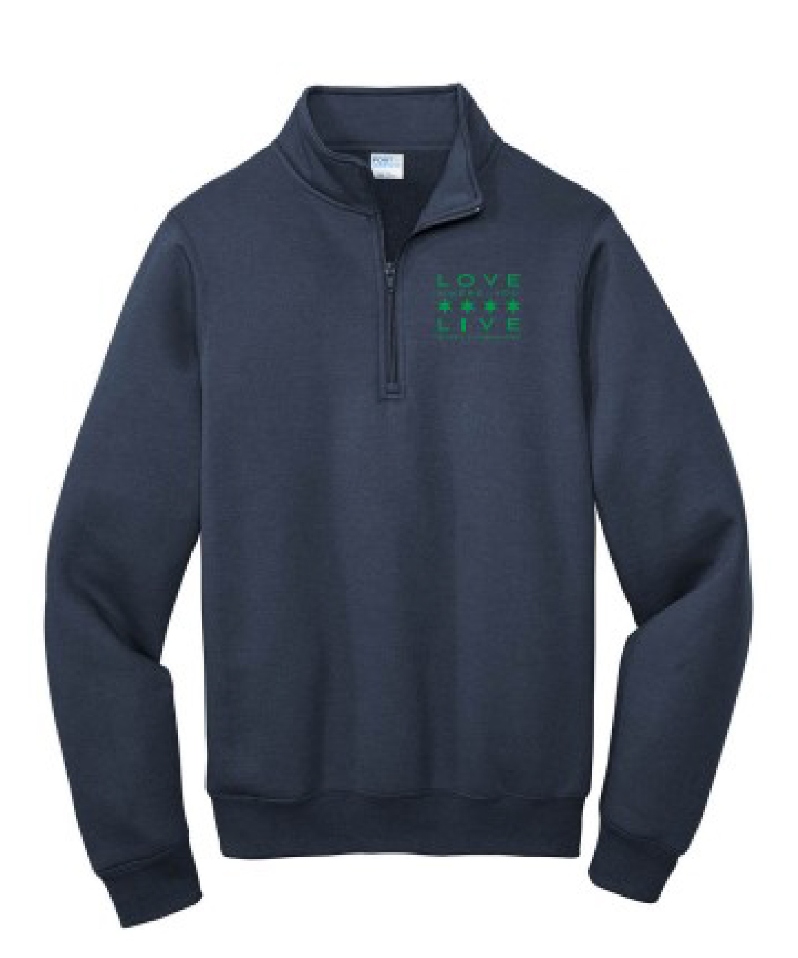 Product Description: Show off your love for the community by sporting the Beverly/Morgan Park moto: Love Where You Live.</br></br>The text on the left check says: "LOVE WHERE YOU LIVE BEVERLY AREA PLANNING ASSOCIATION"</br></br>Brand: Port & Company</br></br>Style: Long sleeve quarter zip sweatshirt</br></br>Fabric: 50% cotton, 50% polyester</br></br>Color: Navy, Text Color: Kelly Green</br> Love Where You Live Quarter Zip