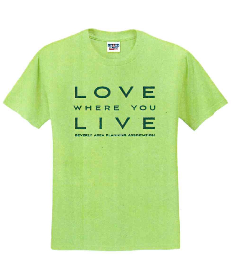 Product Description: Help us clear up our inventory by purchasing a $10t-shirt. All while showing your love for Beverly/Morgan Park!</br></br>The front says "Porch Concerts BAPA".The back has a full design adapted from the 2025 Porch Concert poster.</br></br>Product Details:</br></br>Brand: Jerzees</br></br>Style: short sleeve t-shirt</br></br>Fabric:50% cotton, 50% polyester</br></br>Color: neon green,Text Color: dark green</br> 2025 Volunteer Shirt - Love Where You Live