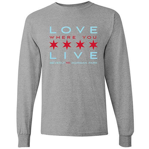 Product Description: Our Chicago flag-inspired branded motto of "Love Where You Live"long-sleeve t-shirtis a fan favorite. This classic gray T-shirt features the Chicago stars in red with red and blue text.Inheavy cotton with long sleeves that will keep you warm on chilly fall days, this shirt shows your support for BAPA and your pride as a Chicagoan.</br></br>Product Details:</br></br>Brand Name: Gildan</br></br>Style: Long Sleeve T-Shirt</br></br>Fabric: 100% Cotton (Heavy)</br></br>Color: Grey, with red and blue printing</br> "Love Where You Live" Long Sleeve T-Shirt